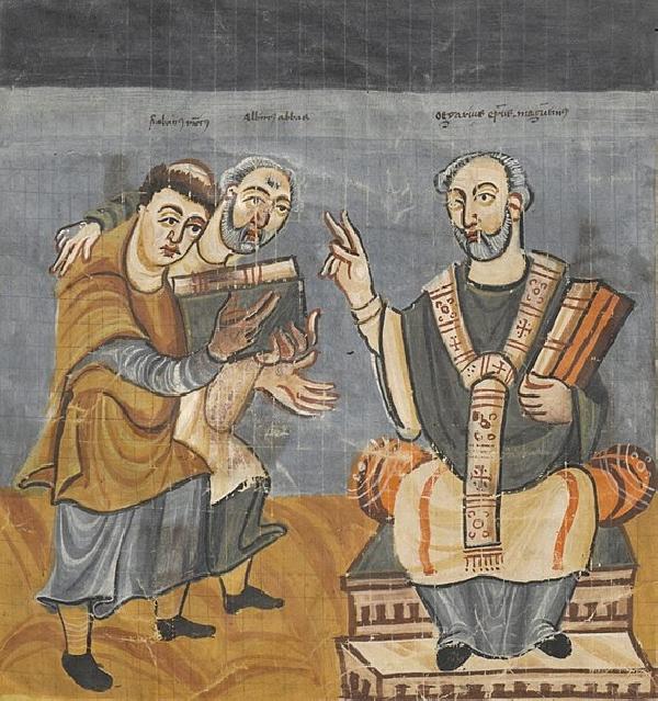 Raban Maur (vlevo), předává své dílo arcibiskupovi z Mohuče
